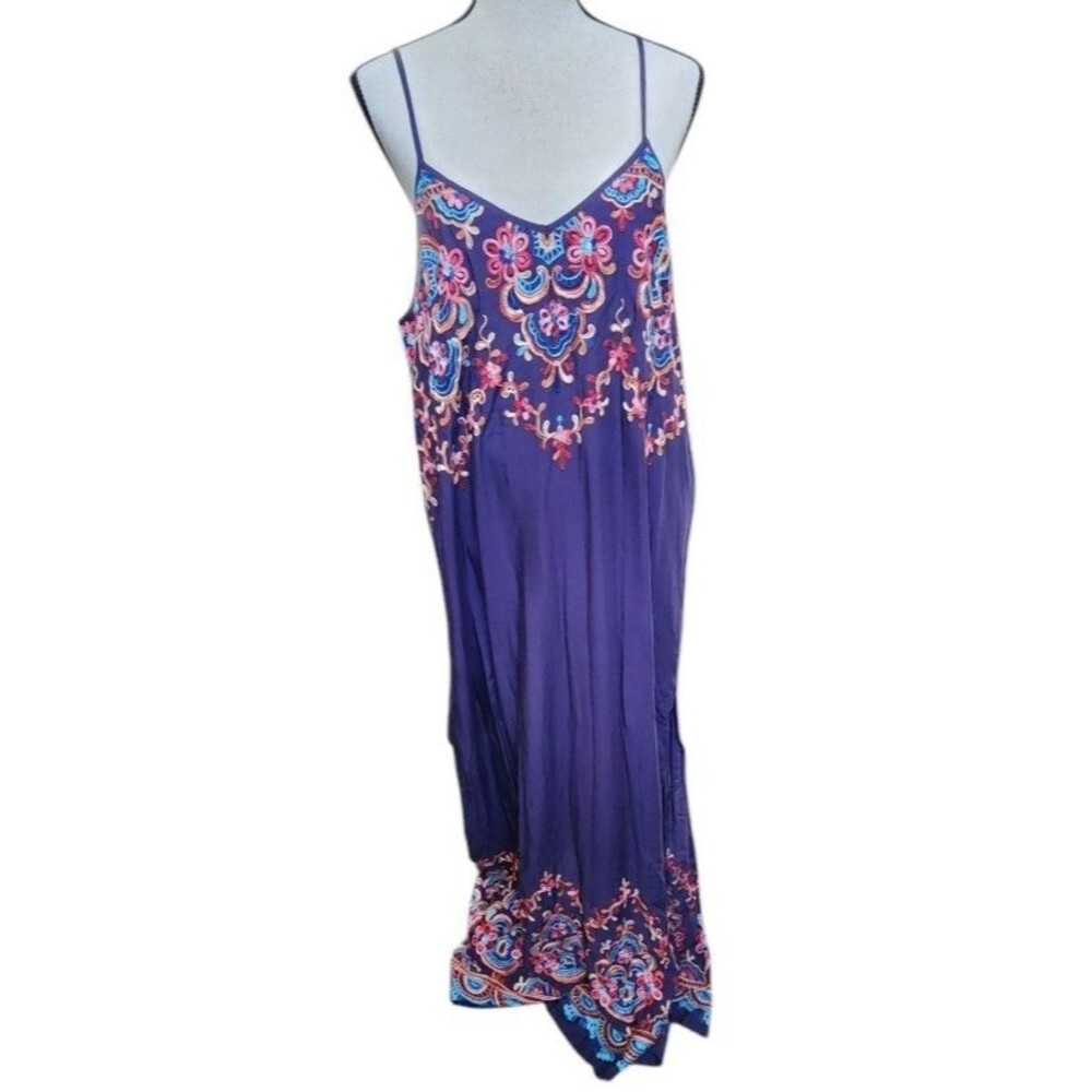 Karen Kane Embroidered Maxi Dress Size Large Spaghetti Strap Navy Boho